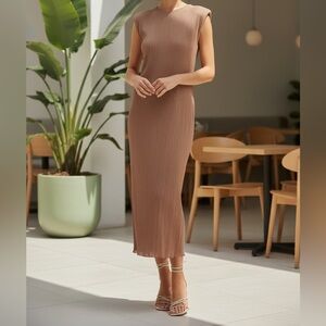 Astr Ribbed Midi Dress in Brown